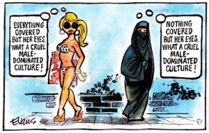 cruel male dominated culture, bikini, hijab